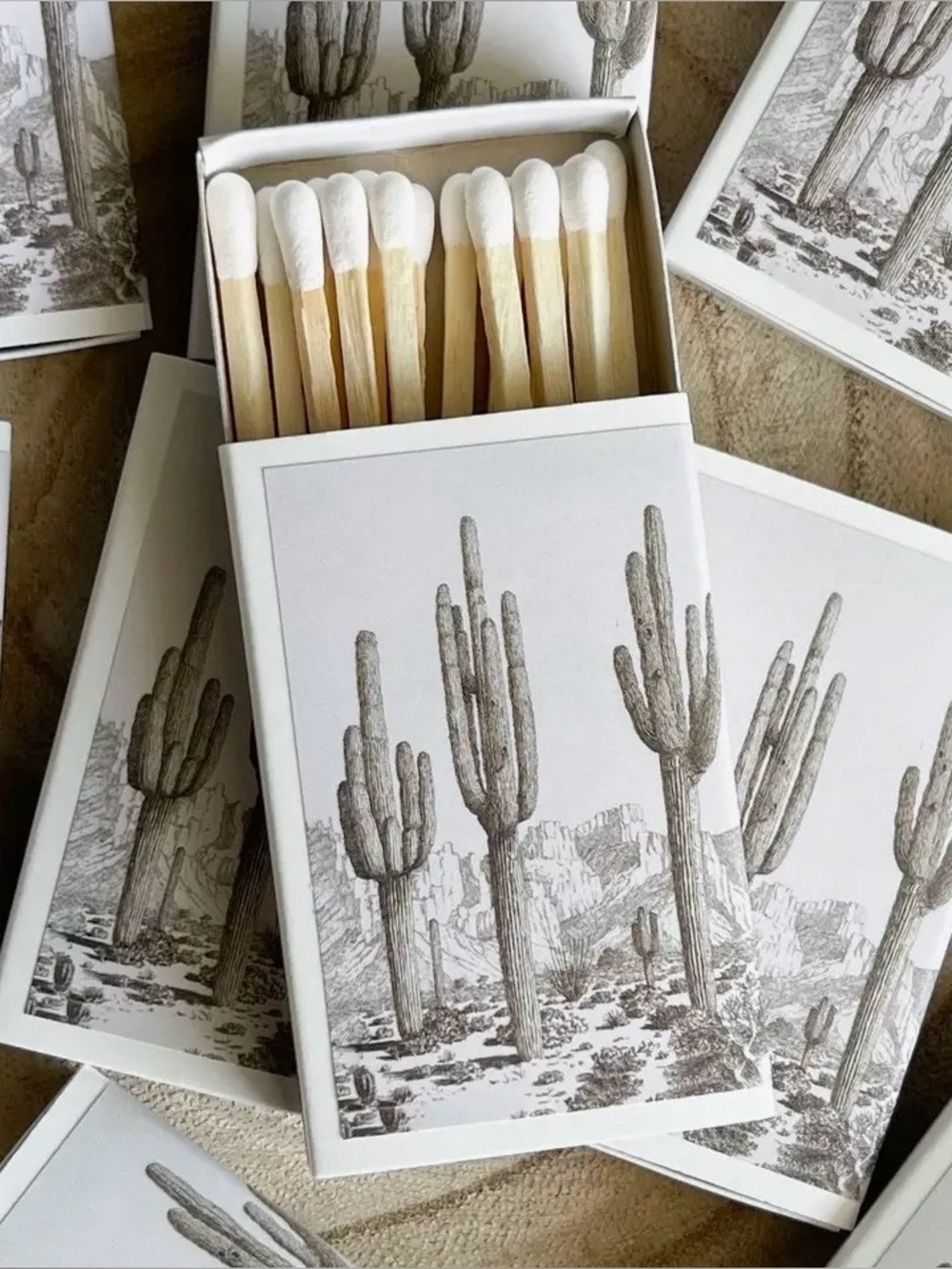 Desert Cactus Matchbox Set - White & Natural Wooden Matches New in Box